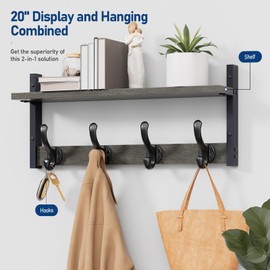 Tatub 20" Rustic Coat Rack Wall Mount with Shelf, Wall Hooks with Shelf, Heavy Duty Entryway Organizer Hangers for Hanging, Hat, Bag, Jacket for Bathroom, Living Room, Bedroom, Ebony