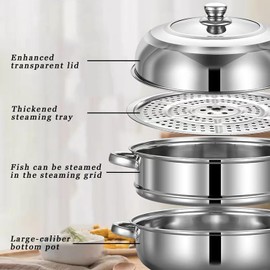 Steamer Pot for Cooking,Stainless Steel Steamer Pot,11 inch Steam Pots with Lid 2-tier for Cooking Veggies Fish Seafood Noodles, Pasta, Food