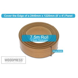 WoodPress® 30mm Beech Wood Style Laminate Melamine Edging, Pre-Glued Veneer Tape – 7.5m Roll - Iron-On for Easy DIY Application – Will Cover the Edge of a Standard MDF Panel