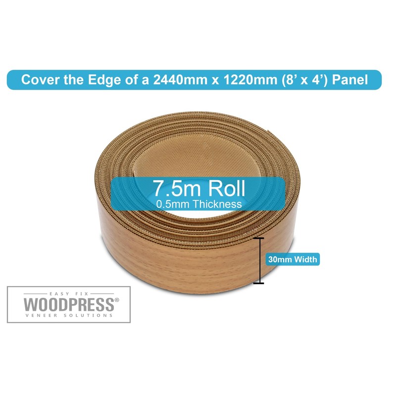 WoodPress® 30mm Beech Wood Style Laminate Melamine Edging, Pre-Glued Veneer