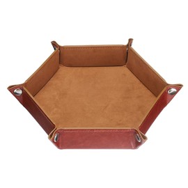 sourcing map PU Leather Dice Tray Unisex Valet Tray Folding Hexagon Tray Portable Entryway Table Nightstand Bedside Desk Holder for Key Wallet Watch Coin Jewelry, Brown
