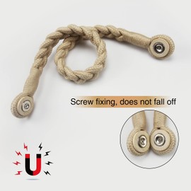 Porlau 2 Pack Magnetic Soft Curtain Tiebacks Cotton Hand-Woven Tieback Holdback Home Decorative Tie Backs with Wooden Buckle for Home Office Decor (Dark Beige, 2)