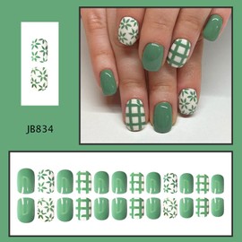 Tyuimhx Spring Summer Green Flowers Press on Nails Short Square Fake Nail with Line Designs Green False Nails Glossy Full Cover Stick on Nail Acrylic Floral Artificial Glue on Nail for Women 24 pcs