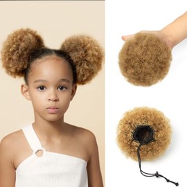 SPIKFN Afro Puff Ponytail for Black Women 100% Human Hair Ponytail Extension Short Updo Hair Buns Small Size Curly Ponytail for Little Girls 2 Clips 4 Inch Honey Blonde Color