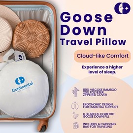 Continental Bedding - Travel Neck Pillow - U Shaped - White Down Fill - Removable Gray Viscose Derived from Bamboo Cover in Travel Case