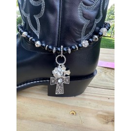 Blazin' Roxx Boot Bling Boot Bracelet Black Beads and Cross with Clear Crystals