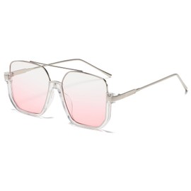 Long Keeper Retro Oversize Pilot Sunglasses for Women Men Aviation Sunglasses Square Double Bridge Sun Glasses Semi-Rimless Vintage Shades UV400 Protection (Silver Clear Frame - Gradient Pink Lens)
