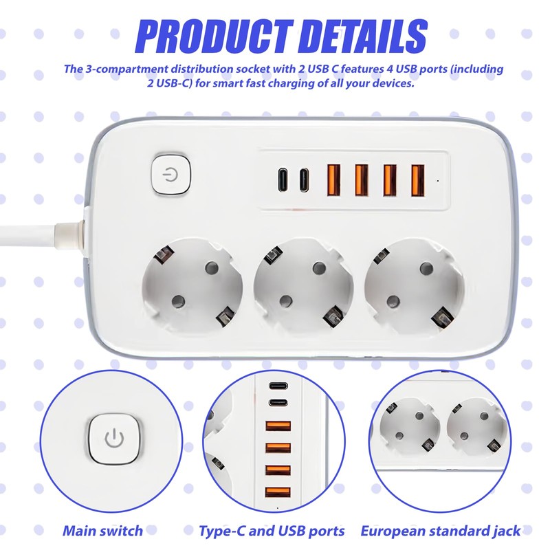 GOEDCH Multiple Socket with USB C: Distribution Socket 3 Way