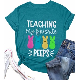 Teaching My Favorite Peeps Shirt for Women Easter Teacher T-Shirt Funny Bunny Graphic Tee Top Cyan