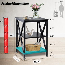 TooCust Square End Table with Storage Shelf, 16" D X 16" W X 24" H, 3-Tier End Table Living Room, Black Metal End Tables, X-Shaped Night Stand for Bedroom, Farmhouse Wood End Tables Black