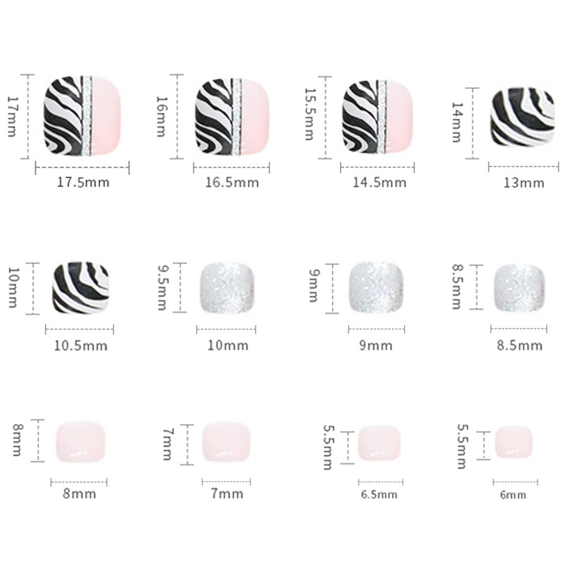 Press on Toenails Coffin with Zebra Stripes Designs, Full Cover