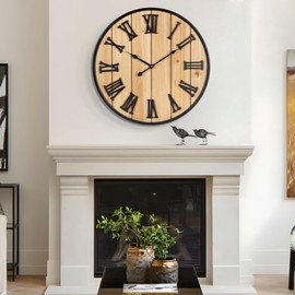 Large Wall Clock 30IN, Silent Metal Wood Style Wall Clocks Battery Operated for Living Room Decor, Farmhouse Big Wall Clock, Outdoor