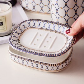 Self Draining Soap Dish, Double-Layer Bar Soap Tray, White Ceramic Soap Dish with Elegant Patterns (Style B)