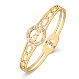 Valentine Stainless Steel 18K Gold Silver Plated Rhinestone Cute LOVE Letter Bangle Hollow Out Cuff Bracelets Festival Gifts For Women Charms Jewellery (Gold)