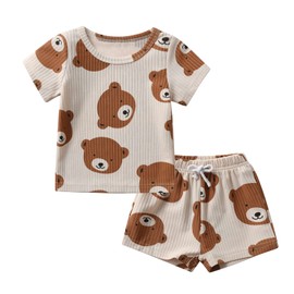 Infant Baby Boys Short Summer Outfit Toddler Bear Print T-Shirt Drawstring Shorts 2PCS Clothes Set 3-6 Months