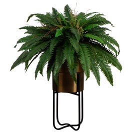 Nearly Natural 35-in Artificial Boston Fern Plant on Display Stand in Removal Brass Metal Planter, Fake Ferns for Living Room, Bedroom, Office Home Décor
