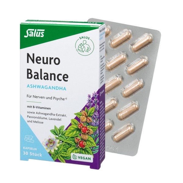 Salus Neuro Balance Ashwagandha Capsules - 1 x 90 Capsules - for Nerves and Psyche - with Ashwagandha, Passion Flower, Lavender, Balm and B Vitamins - Vegan