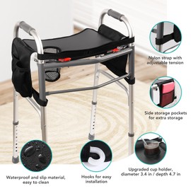 Hook-On Walker Tray, Cup Holder & Tool Free Quick Assembly, Non Slip Mobility Table for Seniors, Multi Functional Removable Tray, Portable Multipurpose Walker Accessories