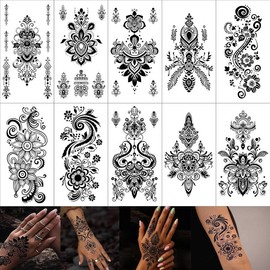 10 Sheets Brown Henna Tattoo Kit, Lace Fake Tattoos Semi Permanent Tattoo Stickers Waterproof Henna Tattoo Stickers for Women Wedding Party Festival Tattoos Decorations(Henna Tattoo) 538 - Color: Black Henna Tattoo-723