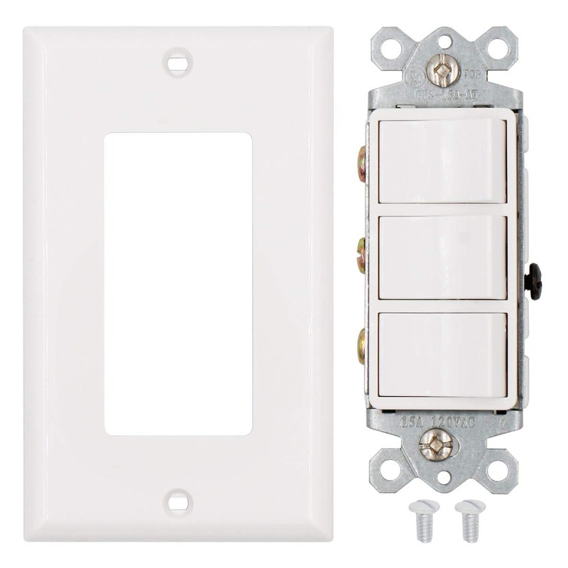 Baomain Triple Rocker Light Switch with Wall Plate, 15A 120V