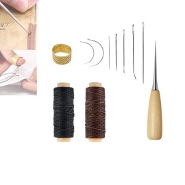 ieron 11 Pcs Leather Craft Hand Stitching Tools, Sewing Awl Tool Repair Kit with Curved Upholstery Sewing Needles 12m Leather Waxed Thread Drilling Awl Thimble