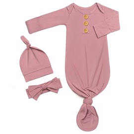 Soft Newborn Knotted Gown with Hairband and Hat, Baby Boy Girl Coming Home Outfit, Sleeper Baby Sleep Gown with Mittens (Dusty Rose, Newborn)