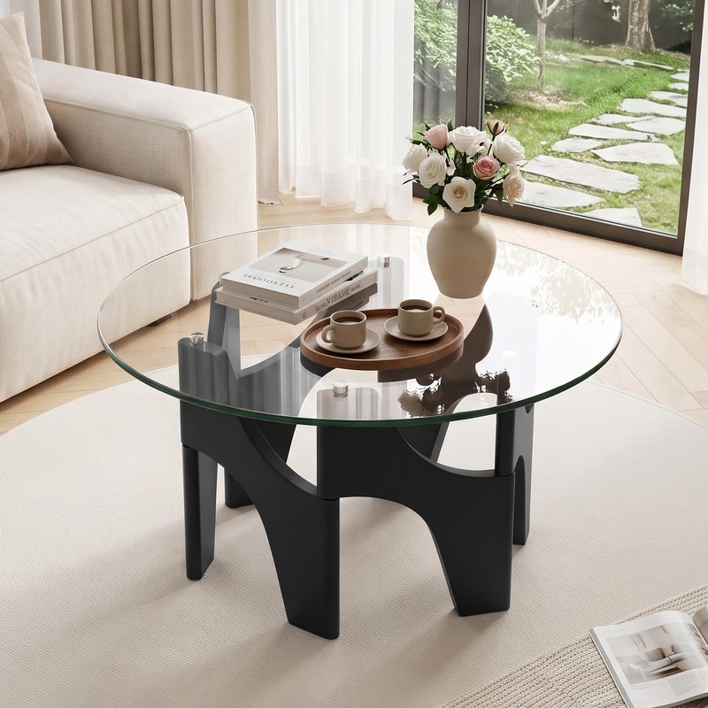 Round Glass Coffee Table, 29.5'' Mid Century Center Table, Black