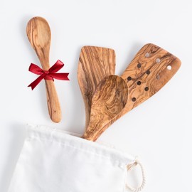 Darido Olive Wood Cooking Spoons Set of 3 with Extra Small Spoons - 30 cm - Handmade - Heat Resistant and Scratch Resistant - Kitchen Utensils - Spoon, Spatula, Fixed Spatula and One Small Spoon