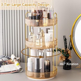 ROLIZOE 3 Tier 360 Rotating Makeup Organizer for Vanity Lazy Susan Spinning Perfume Organizer Large Capacity Cosmetic Skincare Organizer with Brush Holder for Bathroom Countertop Organizer, Gold