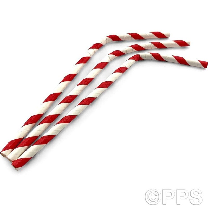 50 x Bendy Red and White Stripe Paper Drinking Straws