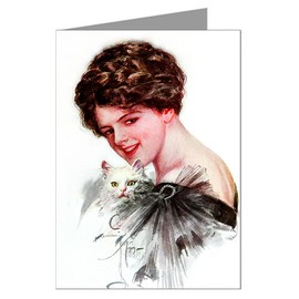 Twelve Note Cards of Harrison Fisher's Celebrated Illustrations of Women This one Featuring an American Beauty with a White Persian Cat