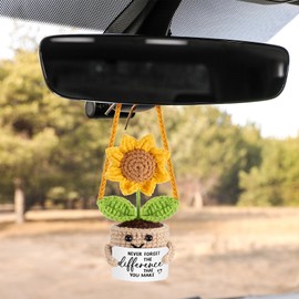 Soulchen Positive Crochet Sunflower for Car Rear View Mirror 10.5" x 2.3" Cute Sunflower Car Accessories Hanging Ornament Charm for Women Friends Coworker Cheer up Gifts Boho Interior Decoration