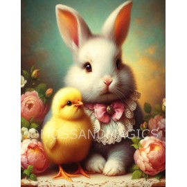 Victorian Bunny Rabbit Chick Easter Spring flower Farmhouse Vintage art painting
