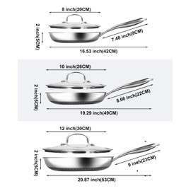 USELUCK Non Stick Frying Pan Set - 8, 10, 12-Inch Hybrid Non-Toxic Skillet with Lids - Dishwasher & Oven Safe, Induction Ready, Stainless Steel Kitchen Cookware Set (7-Pcs Set)