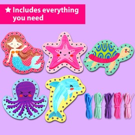KRAFUN Beginner Mermaid Lacing Card Kit for Kids Arts & Crafts, 5 Easy Mermaid, Animal Lacing Projects, Paper Lace Cards for Toddlers, Fine Motor Preschool Skills Toys