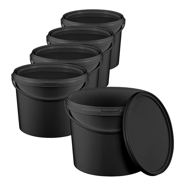 BenBow Bucket with lid 1 L Black 5x 1 Litres - food-safe, sturdy, airtight, leak-proof - plastic storage container, with metal handle - empty