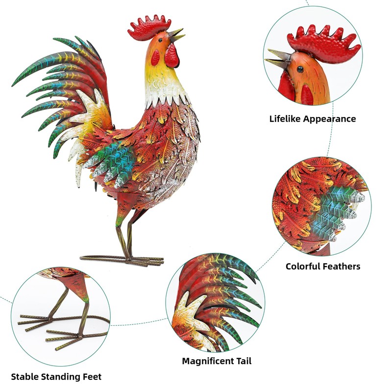 Autodaya 21" Metal Rooster Yard Decor, Outdoor Garden Statues, Metal