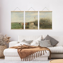 SIGNFORD 3 Panel Wooden Framed Hanging Poster Rustic Countryside Pastoral Landscape with Cows Wall Picture Poster Artwork for Home Decoration Ready to Hang - 18"x24"x3 Panels