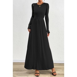 CFLONGE Womens Formal Cocktail Dresses Long Sleeve Ribbed Knit Wedding Guest Dress Business Casual Soft Modest Maxi Dresses(Black,Medium)