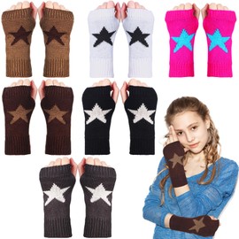 Cozypower 6 Pairs Y2k Star Fingerless Gloves Women Knitted Wrist Warmers Thumb Hole Gloves for Girls Autumn Winter, 6 Colors