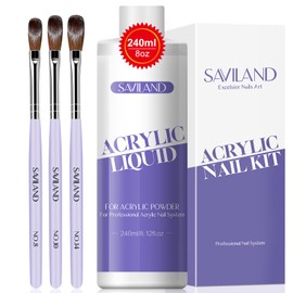 SAVILAND Monomer Acrylic Nail Liquid – 240ml Acrylic Liquid with 3PCS Acrylic Brushes Size（8/10/14）for Acrylic Powder Acrylic Nails Kit DIY Acrylic Nails Extension & Carving Home Nail Salon Use