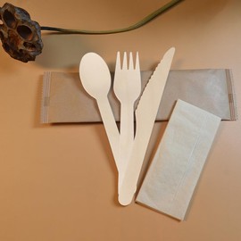 Einwegbesteck aus Holz [150 Stück] - Nachhaltiges Besteck für Camping, Party, Einzelverpackung aus Kraftpapier,Gabel-Messer & Löffel - 100% natürlich, biologisch abbaubar & BPA-frei