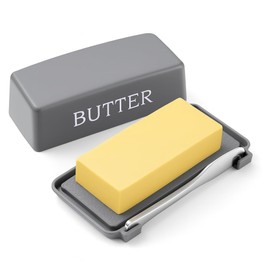 Butter Holder With Cover And Knife,Food Grade Plastic Butter Dishes With Lid And Spreader,Grey Cheese Storage Container For Countertop