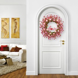 LLZLL Valentines Day Wreath Decor, 22inch Artificial Pink Wreath with Tulip Berry Green Leaf Element, Valentines Wreaths for Front Door Wedding Anniversary Party Candlelight Dinner Decorations