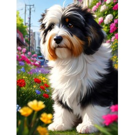 KAYEIUU Diamond Painting Kits Havanese and Flowers, Flower and Dog Art Diamond Art Beginners 5D Round Diamond Crystal Gemstone Cross Stitch Paste Craft, Suitable for Wall Decor or Gift Giving 12x16in