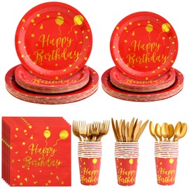 TabreMstr 175 Pieces Gold Disposable Party Dinnerware Set &Disposable Birthday Party Dinnerware -Red Paper Plates Napkins Cups, Gold Plastic Forks Knives Spoons