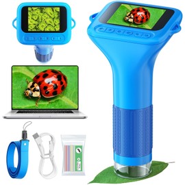 Odatay Microscopio para niños con 12 portaobjetos, 100X-1000X 1080P Microscopio digital de mano para niños, Mini miniscopio de bolsillo portátil, juguetes de ciencia, regalos para niños y niñas de 3+