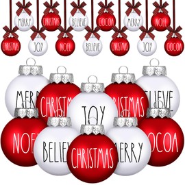 Liliful Ball Christmas Ornaments Merry Pattern Xmas Tree Decorations with Buffalo Plaid Bows Hanging Ball Farmhouse Christmas Decor Rustic Bulbs for Christmas Party Holiday (24 Pcs, 2.36 Inches)