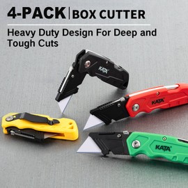 KATA 4-PACK Folding Utility Knife, Heavy Duty Box Cutter with 20pcs SK5 Quick Change Blades, Safety Lock Back Design, Used for Cutting Cartons, Cardboards and Boxes