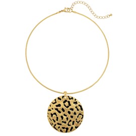 DAUPLAISE Jewelry Leopard-Printed Disc Pendant Necklace, Women's Fashion Jewelry- Gold Tone